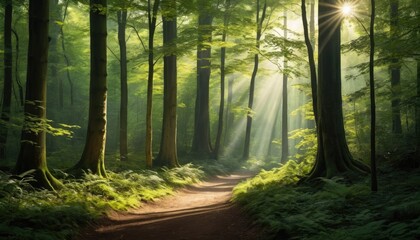 Obraz premium Sunlit forest path with tall trees and green foliage