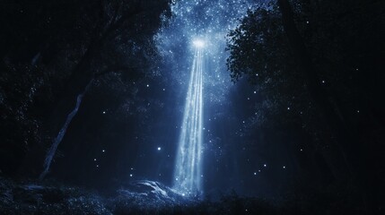 Mystical light beam in a dark forest