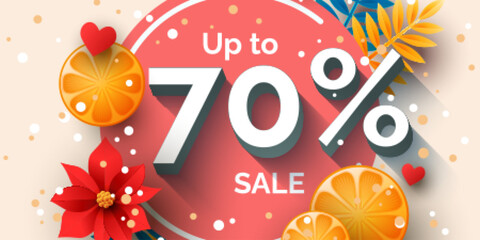 Up to 70 percent sale banner template design. Vector holiday discount illustration