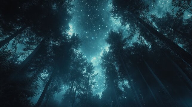 Mystical forest at night, looking up. Dark trees, teal light, starry sky