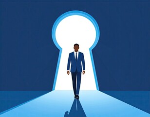 Obraz premium Businessman walks through a keyhole into bright future