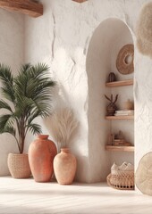 Cozy, sun-drenched room with natural elements.  Beige, cream, and terracotta tones.  Wooden shelves and archway