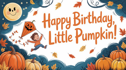 Happy Birthday Little Pumpkin Child Flying Kite Autumn Leaves Pumpkins Night Sky Moon Illustration