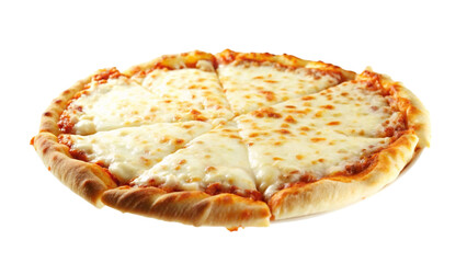 A delectable cheese pizza, featuring melted mozzarella on a golden crust, ready to eat.