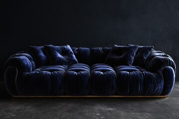 Fototapeta premium Deep blue velvet sectional sofa with tufted upholstery