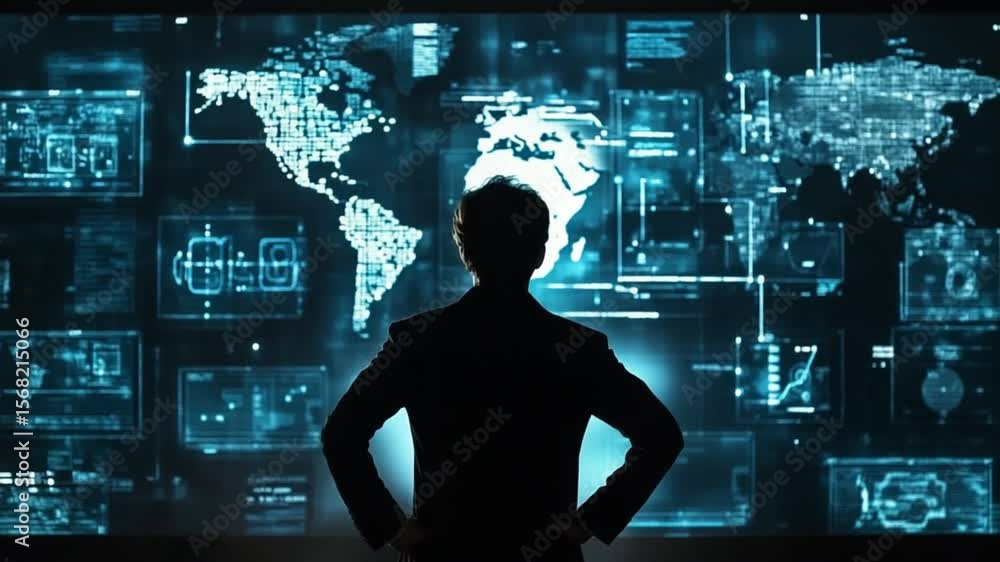 Poster silhouette man analyzing global data on digital screen for business strategy