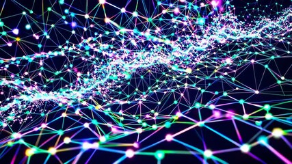 Digital waves of particles emit light and stream of data points, big data visualization, futuristic or technological abstract background with moving dotted dotted surface - Powered by Adobe