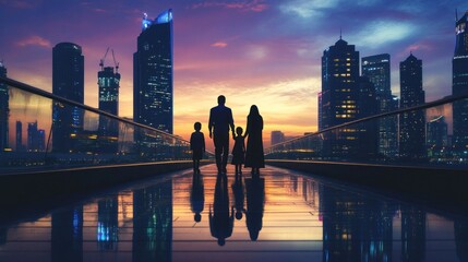 Silhouette family walks on city bridge at sunset