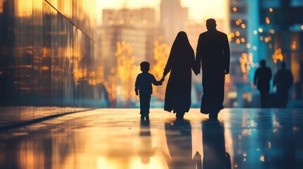 Silhouette of a family walking, city background