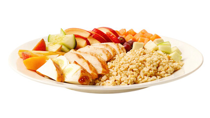 A healthy and colorful plate of grilled chicken with fresh fruits and grains.