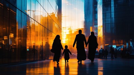 Silhouette of a family walking down a city street at sunset.  Modern buildings reflected in the glass