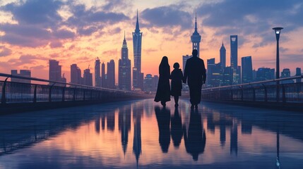 Silhouette of a family walking on a city boardwalk at sunset, reflections in puddles