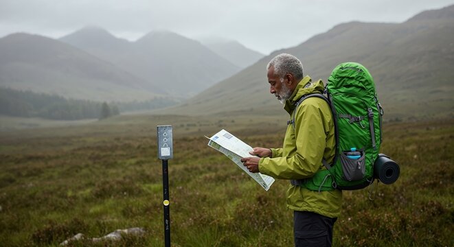 Senior hiker reading map in misty mountain landscape