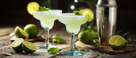 The refreshing margaritas garnished with lime and mint on a rustic wooden table.