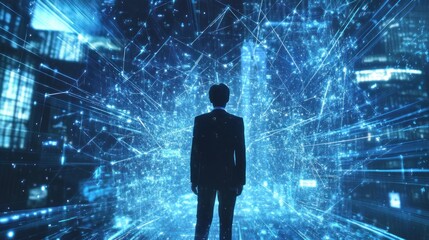 Silhouetted figure in suit, facing futuristic digital city