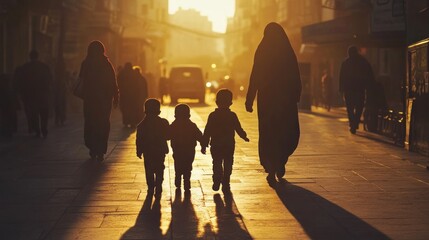 Silhouettes of a family walking down a city street at golden hour