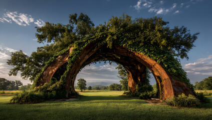 Rustic Metal Arch Over Lush Green Field Under Clear Blue Sky