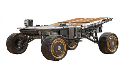 Space rover, gray and beige, mounted on large wheels, with solar panels