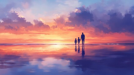 Silhouettes of a father and two children walking on a beach at sunset, reflected in a calm water surface.  Vibrant colors of orange, pink, and blue in the sky