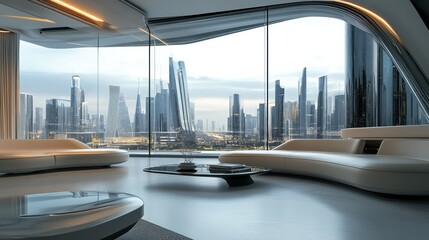 Sleek, modern living room with panoramic city views.  Large windows showcase a futuristic metropolis.  Soft, curved, white furniture.  Minimalist decor