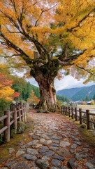 Autumnal path winds through a Japanese village, beneath a magnificent, vibrant maple tree