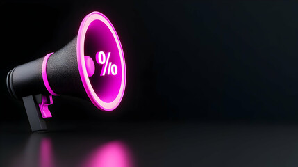 Creative 3D render of black megaphone with glowing pink edges, emitting percentage symbols on sleek dark background