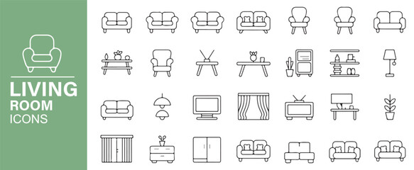 Black Line Art Living Room Icons for Interior Decor, Furniture Illustrations