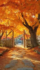 Autumnal pathway through vibrant fall foliage