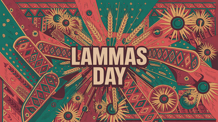 Lammas Day Celebration Festive Design Teal Red Geometric Wheat Sunburst Pattern harvest festival