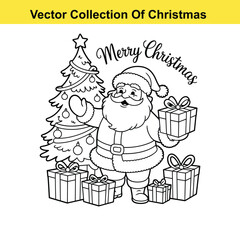 Obraz premium Vector art of santa is standing next to a christmas tree with gifts isolated on white background