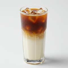 Chilled iced latte featuring layered milk and espresso with ice cubes, served in a tall clear glass on white background.
