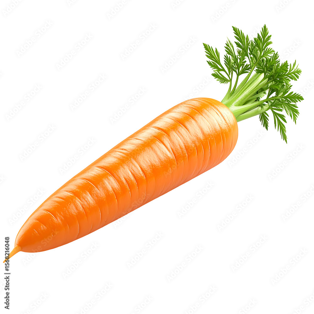 Poster isolated orange carrot with leafy green top in 3d render on transparent background