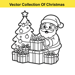 Naklejka premium Vector art of santa claus is standing with christmas tree and gifts isolated on white background