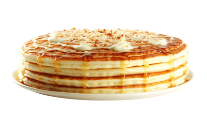 A delicious stack of pancakes drizzled with syrup and cream, ready to enjoy.
