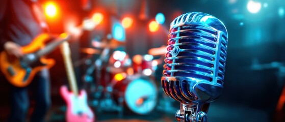 The vintage microphone captures the essence of live musical performance and energy.