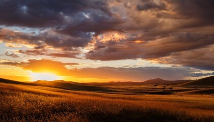 beautiful sunset over a quiet landscape with dramatic clouds and soft light during the golden hour