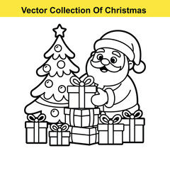 Vector art of santa claus is standing with christmas tree and presents isolated on white background
