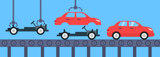 cars vehicles assembling conveyor automatic line factory production vector illustration