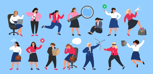 businesswomen in various poses and situations scenes set office worker vector illustration