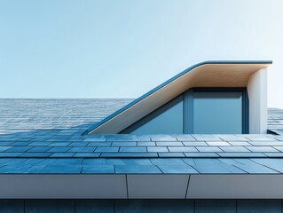 Fototapeta premium Sleek Dormer Window on a Modern Tiled Roof Against a Clear Blue Sky, showcasing architectural design and natural light integration in contemporary home.