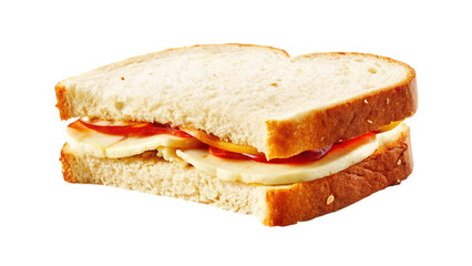 A flavorful sandwich with cheese, tomato, and spread, ready to eat.
