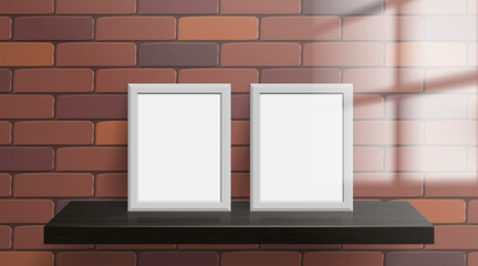 two empty blank vertical picture frames on black wooden shelf brick wall window light  effect  mock up vector illustration