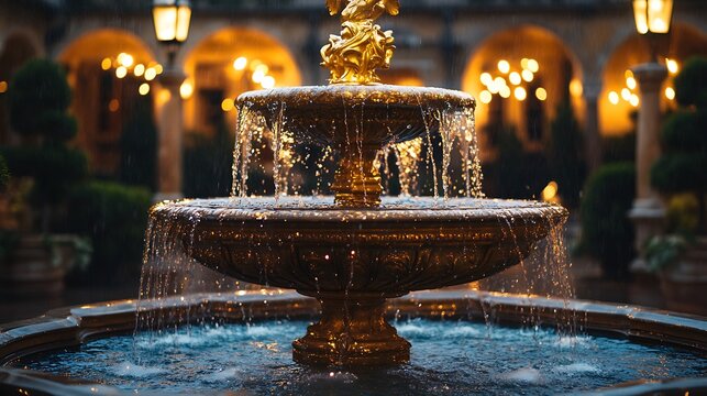 Elegant ornate fountain flows in the rain at night