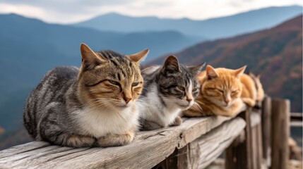 Obraz premium Four cats resting on a wooden railing in the mountains