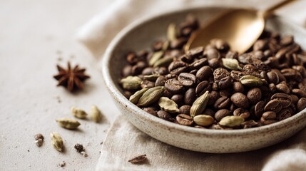 Fototapeta premium Coffee beans and spices in a bowl with a golden spoon 