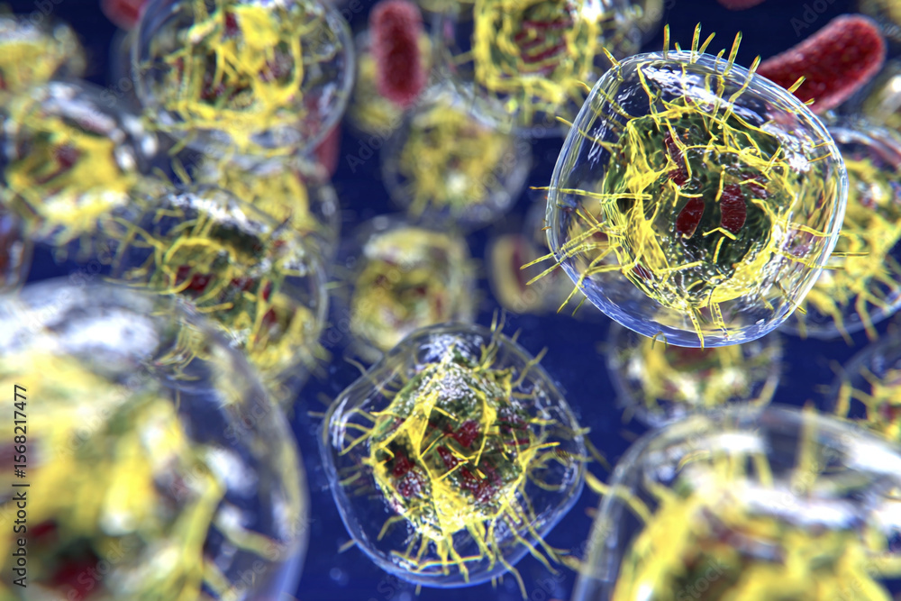 Poster microscopic view of cells with yellow structures inside on a blue background in close up view