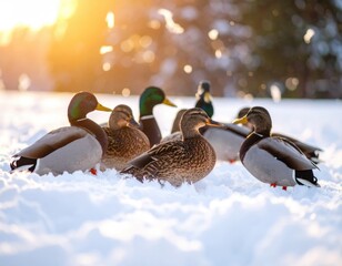 Ducks in the snow, golden hour