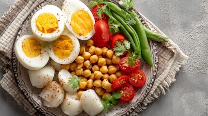 Healthy plate of boiled eggs, chickpeas, tomatoes, and greens  