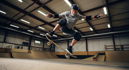 Senior Man Mastering Skateboarding Trick at Indoor Skatepark – Active Aging, Extreme Sports and Inspirational Lifestyle Concept