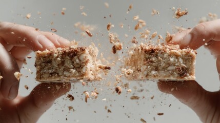 Granola bar being broken in half with crumbs flying in the air